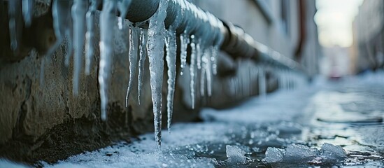 Poster - Icicle hanging on roof danger for pedestrians in winter Sharp icicle on drain pipe of the building Downpipe on residential building with sharp icicles. with copy space image