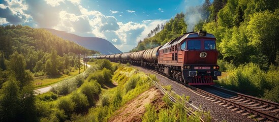 Aufkleber - Locomotive with Tanker freight train passed the railway curve. with copy space image. Place for adding text or design