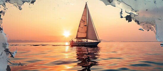 Aufkleber - layout for advertising of tourist business Sailing boat at sunset with the effect of torn paper and space for text. with copy space image. Place for adding text or design