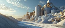 Industrial Factory For Limestone Production Under Blue Sky. With Copy Space Image. Place For Adding Text Or Design