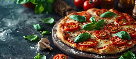 Poster - Homemade Margarita Flatbread Pizza with Tomato and Basil. with copy space image. Place for adding text or design