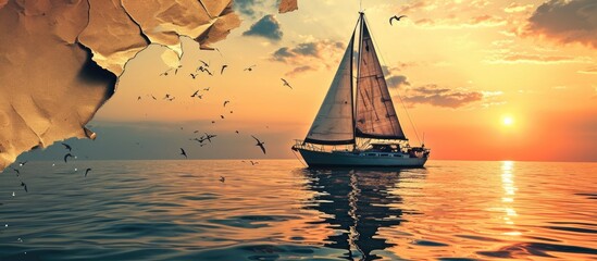 Aufkleber - layout for advertising of tourist business Sailing boat at sunset with the effect of torn paper and space for text. with copy space image. Place for adding text or design