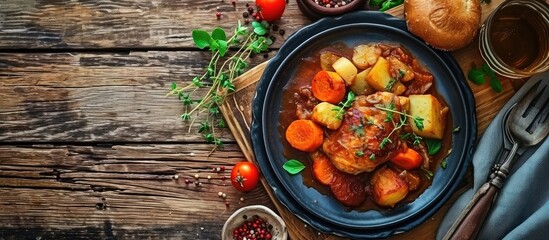 Aufkleber - homemade chicken stew with tomatoes onions carrot and potatoes on plate. with copy space image. Place for adding text or design