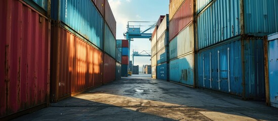 Poster - Handling stack of container shipping Container shipping yard. with copy space image. Place for adding text or design