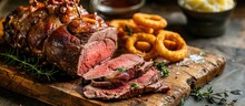 Modern Style Barbecue Dry Aged Sliced Roast Beef With Fried Onion Rings And Mashed Potatoes As Closeup On A Plate. With Copy Space Image. Place For Adding Text Or Design