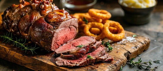 Poster - Modern style barbecue dry aged sliced roast beef with fried onion rings and mashed potatoes as closeup on a plate. with copy space image. Place for adding text or design