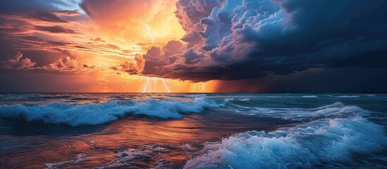 Poster - Lightning bolt from a thunderstorm over sea at sunset. with copy space image. Place for adding text or design