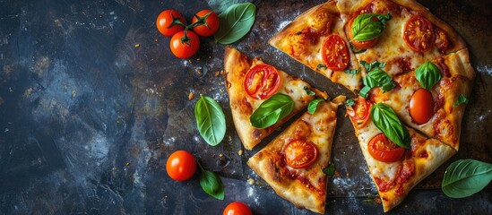 Poster - Homemade Margarita Flatbread Pizza with Tomato and Basil. with copy space image. Place for adding text or design