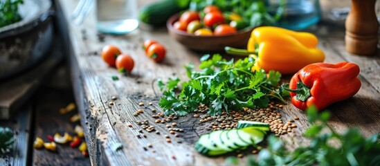 Poster - Lentil salad with cucumber bell pepper and coriander leaves on rustic wooden table Selective focus. with copy space image. Place for adding text or design