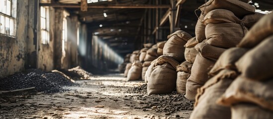 Poster - Large cloth bags with unknown bulk contents are lying in the warehouse An image illustrating the products confiscated due to sanctions or the capture of smugglers with illegal goods