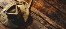 Hat Of Boy Scout And Accessories On Wooden Background. With Copy Space Image. Place For Adding Text Or Design