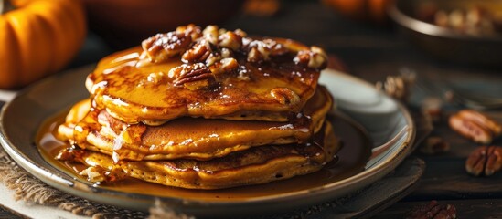 Aufkleber - Homemade Pumpkin Pancakes with Butter Pecans and Maple Syrup. with copy space image. Place for adding text or design