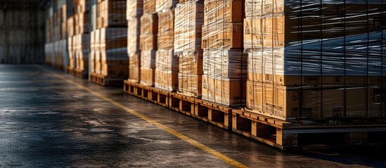 Poster - Large cargo shipment pallets Hand pallet truck with stacked cardboard boxes wrapping plastic on pallet at warehouse dock warehouse industry freight logistics and transport. with copy space image
