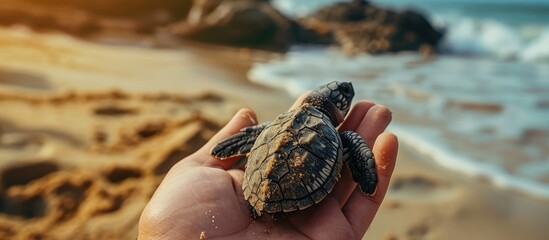 Poster - Hand holds up a baby sea turtle egg in Sri Lanka. with copy space image. Place for adding text or design