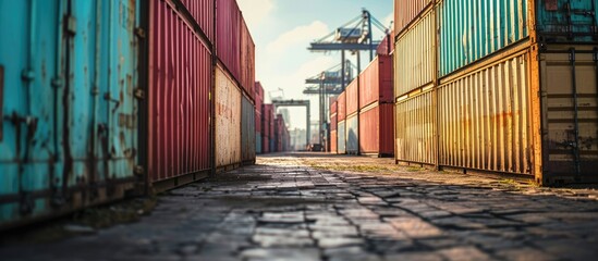 Poster - Handling stack of container shipping Container shipping yard. with copy space image. Place for adding text or design