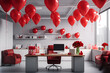 Valentines day decorated office with red ballons and flowers
