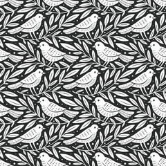 Wall Mural - hand drawn seamless pattern with decorative birds and branches nature floral forest seamless pattern
