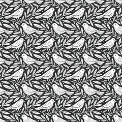 Wall Mural - hand drawn seamless pattern with decorative birds and branches nature floral forest seamless pattern