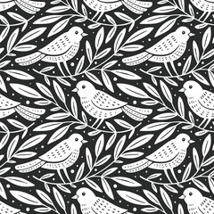 Wall Mural - hand drawn seamless pattern with decorative birds and branches nature floral forest seamless pattern