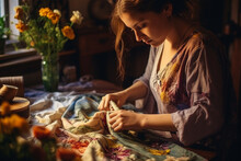 Woman Embroidering Clothes