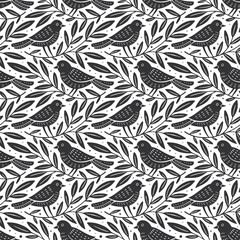Wall Mural - hand drawn seamless pattern with decorative birds and branches nature floral forest seamless pattern