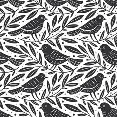 Wall Mural - hand drawn seamless pattern with decorative birds and branches nature floral forest seamless pattern