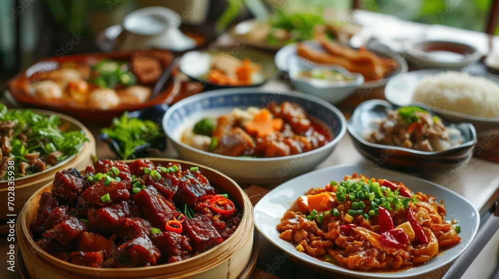 Traditional Chinese dishes on dinner table, Year of the dragon Chinese new year dinner party 2024, China lunar new year zodiac celebration asian cultural event gong xi fa cai
