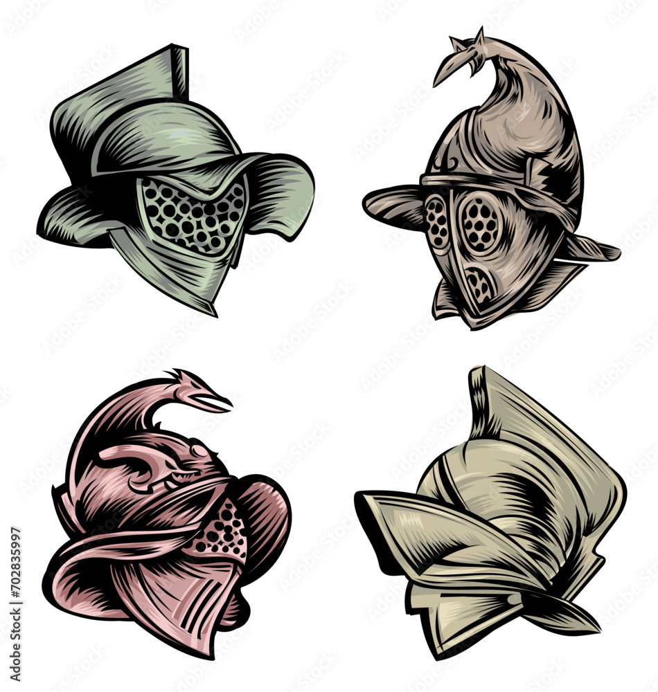 Roman gladiator armour helmets set . hand drawn, vector illustration ...