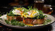 Eggs Benedict: English Muffins Topped with Fresh Arugula, Creamy Avocado Slices, and Perfectly Poached Eggs, Offering a Nutritious Twist on a Classic Breakfast Dish