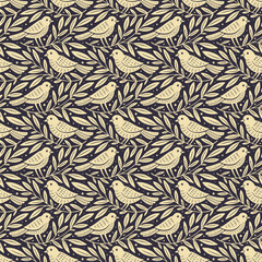 Wall Mural - hand drawn seamless pattern with decorative birds and branches nature floral forest seamless pattern