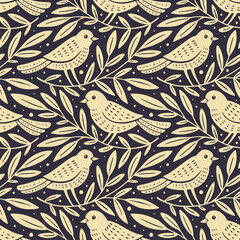 Wall Mural - hand drawn seamless pattern with decorative birds and branches nature floral forest seamless pattern