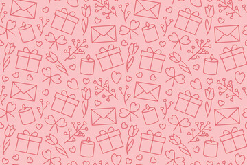 seamless love, Valentine's Day pattern with heart, candle, gift, twigs, tulips, letter icons - vector illustration