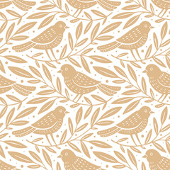 Wall Mural - hand drawn seamless pattern with decorative birds and branches nature floral forest seamless pattern