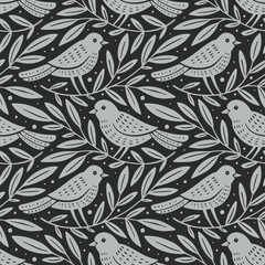 Wall Mural - hand drawn seamless pattern with decorative birds and branches nature floral forest seamless pattern