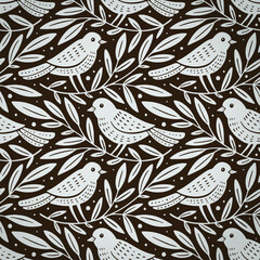 Wall Mural - hand drawn seamless pattern with decorative birds and branches nature floral forest seamless pattern