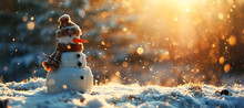A Snowman Sitting On A Snowy Winter Background