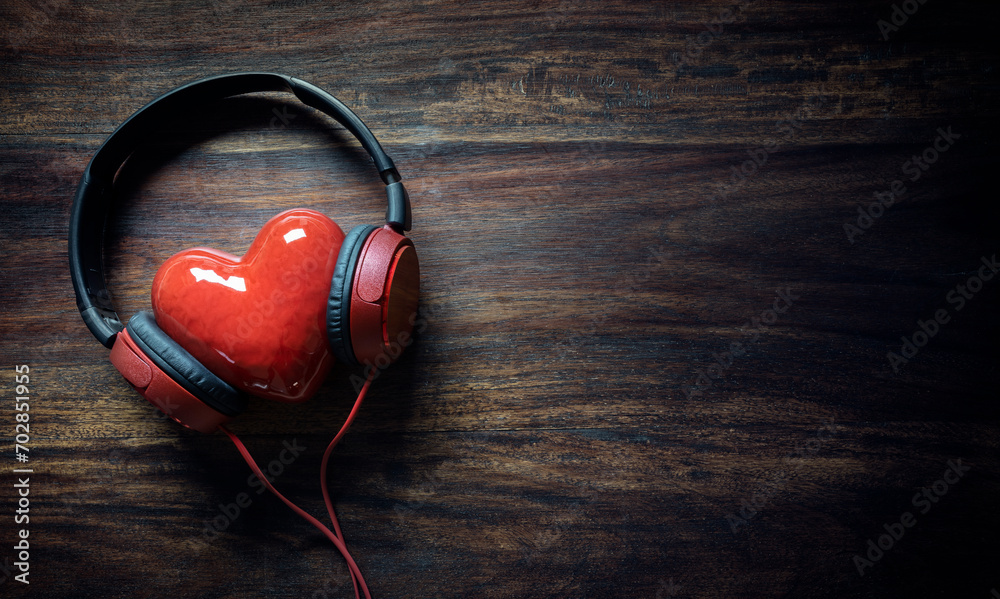 Red Headset Heart Rythm Design Headphones and red heart concept for love listening to music background ...
