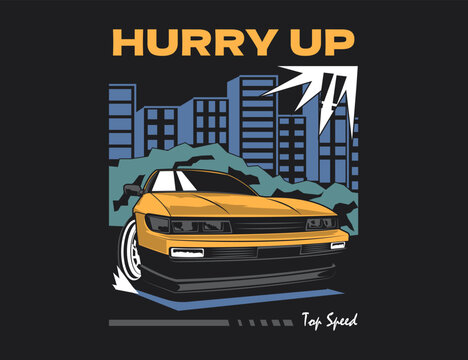 90s car vector with city landscape backdrop along with text illustration graphic