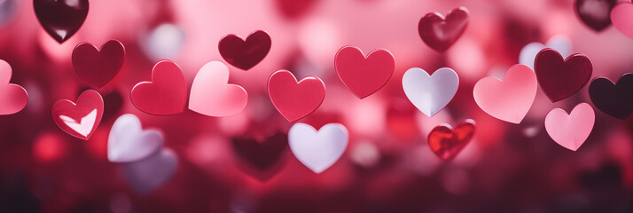 Wall Mural - Valentine's Day banner. Beautiful background with hearts on blurred background. Panoramic web header with copy space. Wide screen wallpaper.