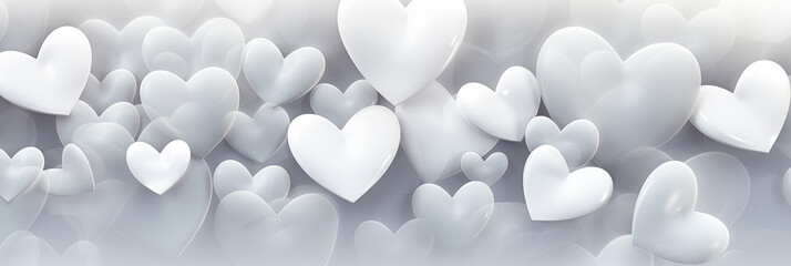 Wall Mural - Beautiful light background banner with silver and white hearts. Valentine's Day. Panoramic web header with copy space. Wide screen wallpaper.