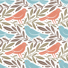 Wall Mural - hand drawn seamless pattern with decorative birds and branches nature floral forest seamless pattern