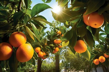 Wall Mural - Organic Citrus Branches with Fresh Ripe Oranges and Tangerines on Green Leaves in a Sunny Garden