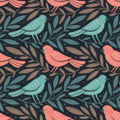 Wall Mural - hand drawn seamless pattern with decorative birds and branches nature floral forest seamless pattern