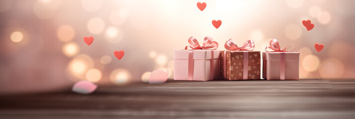 Wall Mural - Valentine's Day banner with gift boxes and hearts on blurred background. Panoramic web header. Wide screen wallpaper.