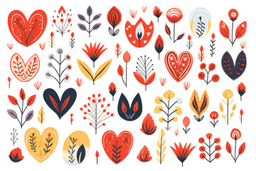 Wall Mural - Set of different hearts and plants isolated on white background. Clipart bundle, hand drawn set.