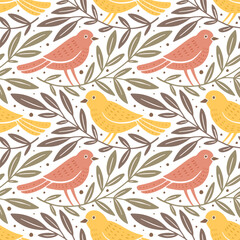 Wall Mural - hand drawn seamless pattern with decorative birds and branches nature floral forest seamless pattern