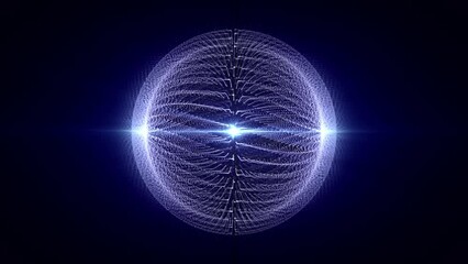 Seamless loop animation of rotating abstract energy sphere made of glowing hi-tech waves of white particles on a shining dark blue background , motion graphics , looped video , 4k , 60 fps