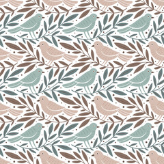 Wall Mural - hand drawn seamless pattern with decorative birds and branches nature floral forest seamless pattern