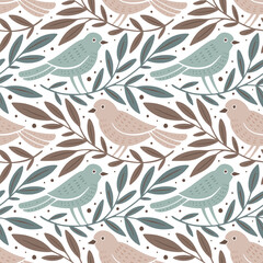 Wall Mural - hand drawn seamless pattern with decorative birds and branches nature floral forest seamless pattern