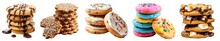 Pile group stack tower of round cookie cookies biscuit, flavour rainbow frosting icing on transparent background cutout. PNG file. Many assorted different flavour. Mockup template for artwork design
